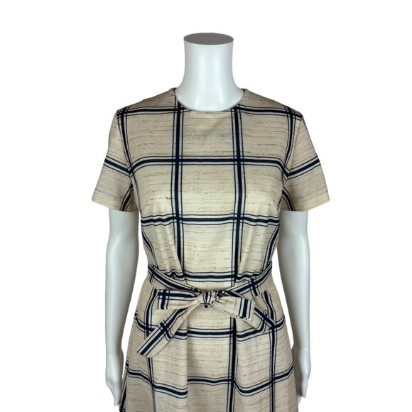 Vintage 70s Polyester Dress Women's Medium Striped Plaid Blue Cream Shift - Picture 2 of 11